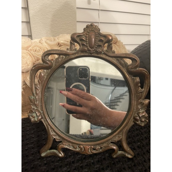 Antique Art Nouveau Mirror Decorative Arts Cast Iron Gold Dresser Countertop Antique Art Nouveau Mirror Decorative Arts Cast Iron Gold Dresser Countertop